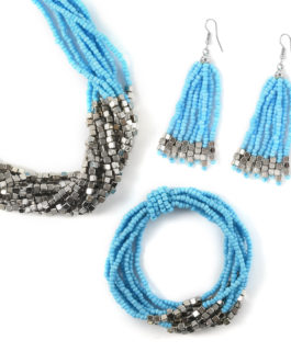 Blue Seed Bead Earrings and Stretch Bracelet and Multi-Strand Necklace 18 Inch in Silvertone