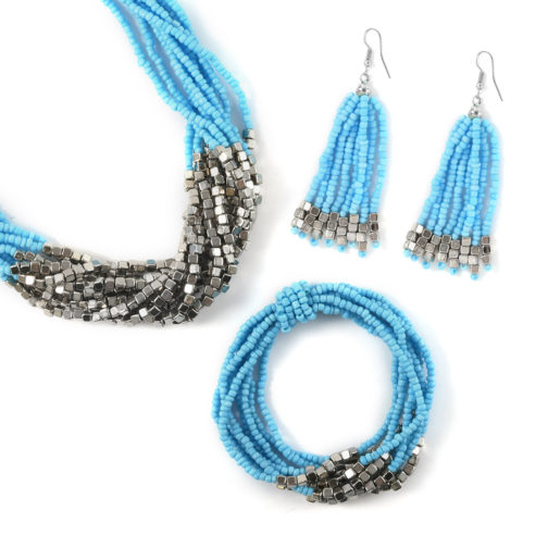 Blue Seed Bead Earrings and Stretch Bracelet and Multi-Strand Necklace 18 Inch in Silvertone