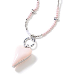 Pink Chroma and Pink Glass Heart Pendant with Beaded Necklace 36 Inch in Silvertone