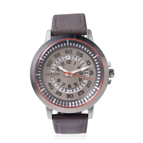 STRADA Japanese Movement Watch in Silvertone with Gray Faux Leather Band & Stainless Steel Back - Image 3