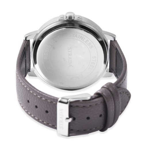 STRADA Japanese Movement Watch in Silvertone with Gray Faux Leather Band & Stainless Steel Back - Image 4