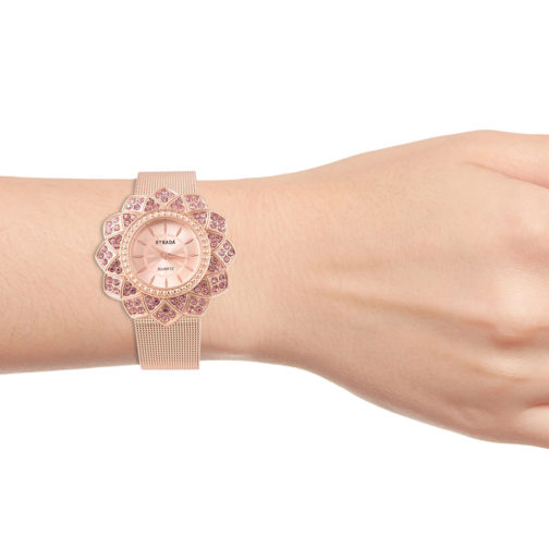 STRADA Pink Austrian Crystal Japanese Movement Rosetone Watch - Image 3