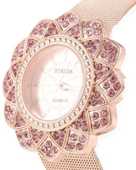 STRADA Pink Austrian Crystal Japanese Movement Rosetone Watch