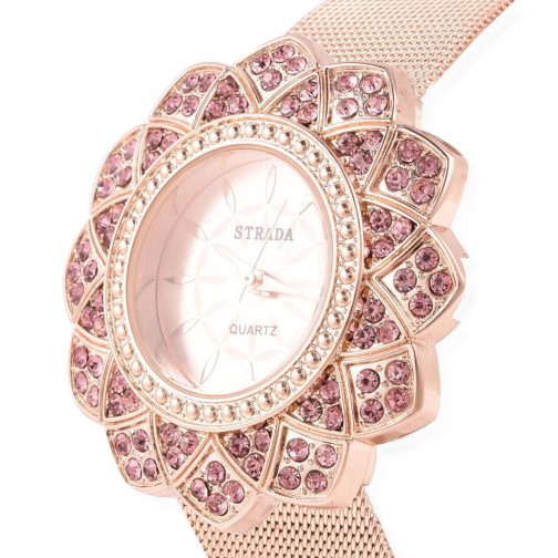 STRADA Pink Austrian Crystal Japanese Movement Rosetone Watch