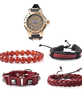 GENOA Miyota Japanese Movement Watch with Black Silicone Band & Stainless Steel Back and Set of 4 Red Agate, Red Faux Leather, Wax and Stretch Bracelets in Silvertone (Adjustable) 80.00 ctw