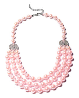 Pink Glass Pearl Triple Strand Necklace 20 Inch in Silvertone