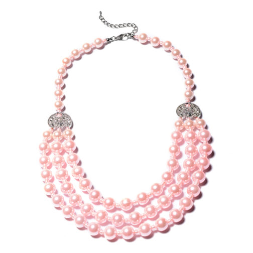 Pink Glass Pearl Triple Strand Necklace 20 Inch in Silvertone