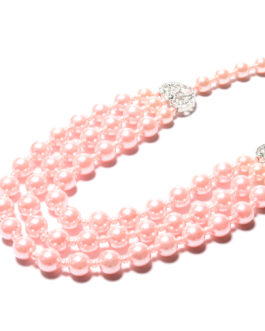 Pink Glass Pearl Triple Strand Necklace 20 Inch in Silvertone