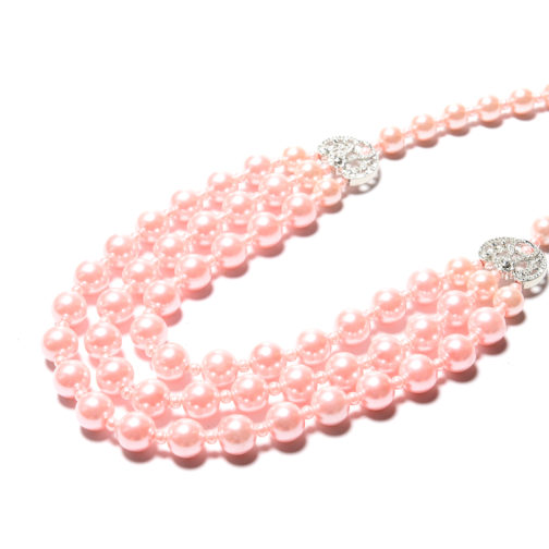 Pink Glass Pearl Triple Strand Necklace 20 Inch in Silvertone - Image 2