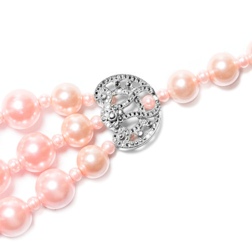 Pink Glass Pearl Triple Strand Necklace 20 Inch in Silvertone - Image 3