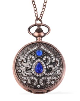 STRADA Blue Glass, Austrian Crystal Japanese Movement Pocket Watch with Chain in Rosetone