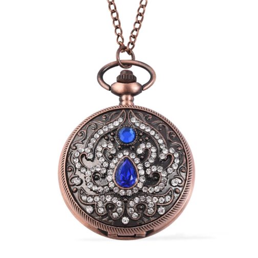 STRADA Blue Glass, Austrian Crystal Japanese Movement Pocket Watch with Chain in Rosetone