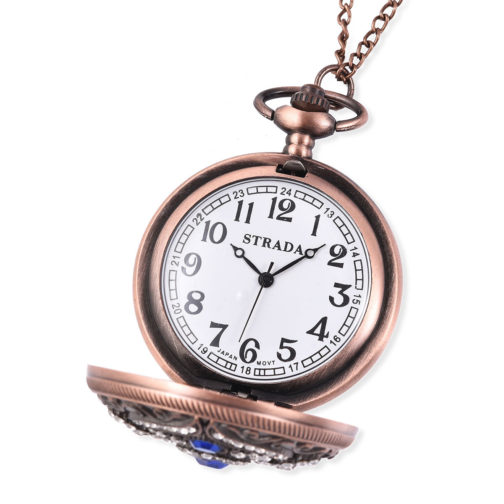 STRADA Blue Glass, Austrian Crystal Japanese Movement Pocket Watch with Chain in Rosetone - Image 3