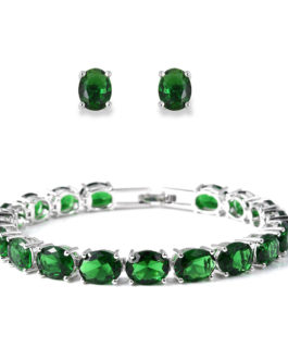 Simulated Emerald Earrings and Bracelet in Silvertone