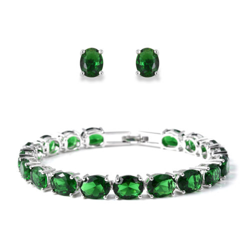 Simulated Emerald Earrings and Bracelet in Silvertone