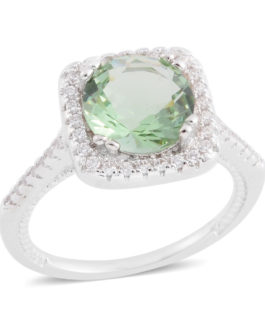 Simulated Green and White Diamond Ring in Silvertone 2.20 ctw