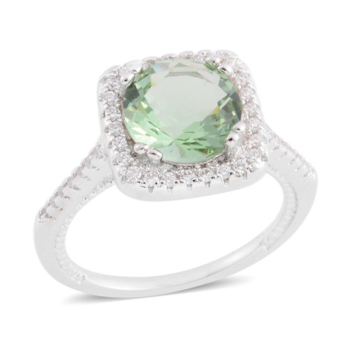 Simulated Green and White Diamond Ring in Silvertone 2.20 ctw