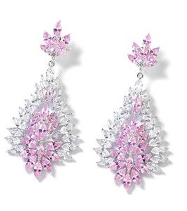 Simulated Pink and White Diamond Dangle Earrings in Silvertone 8.20 ctw