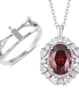 Simulated Red and White Diamond Interchangeable Ring (Size 7) or Pendant Necklace in Silvertone and Stainless Steel (20 in) 11.31 ctw