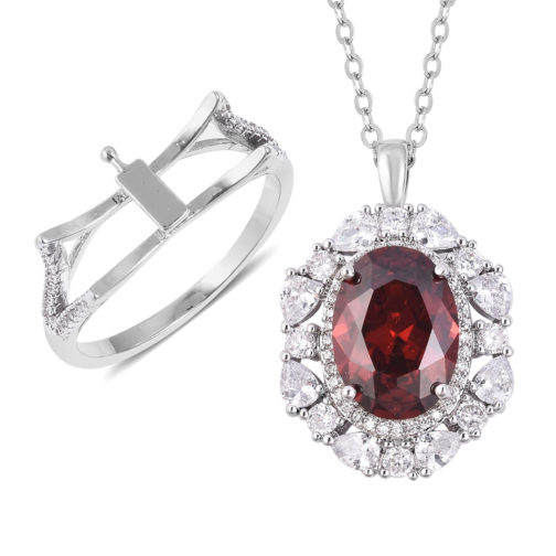 Simulated Red and White Diamond Interchangeable Ring (Size 7) or Pendant Necklace in Silvertone and Stainless Steel (20 in) 11.31 ctw