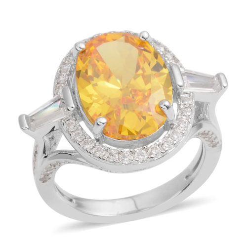 Simulated Yellow Sapphire and White Diamond Ring in Silvertone 