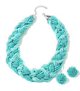 Turquoise Color Seed Bead Silvertone Earrings and Braided Necklace (20 in)