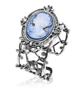 Cameo, White Austrian Crystal Cuff Bracelet (7.50 in) with Removable Brooch in Silvertone