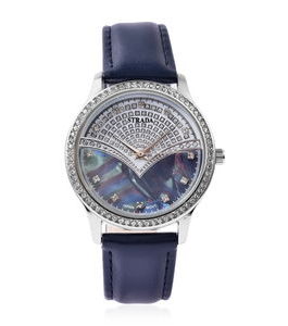 STRADA Austrian Crystal Japanese Movement Watch with Navy Blue Faux Leather Band and Stainless Steel Back