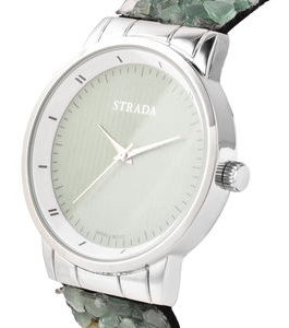 STRADA Japanese Movement Watch in Silvertone with Green Aventurine Encrusted Strap