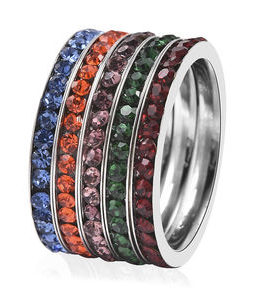 Set of 5 Multi Color Austrian Crystal Stackable Band Ring in Stainless Steel