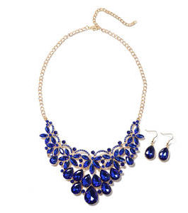 Simulated Blue Sapphire, Blue Austrian Crystal Earrings and Necklace 20 Inch in Goldtone & Stainless Steel