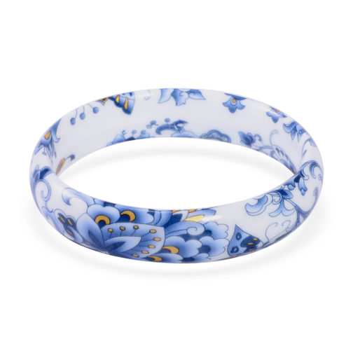 White and Blue Floral Ceramic Bangle Bracelet