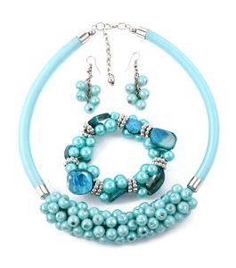 Blue Shell, Simulated Pearl Earrings, stretch Bracelet and Necklace (18 Inches) in Stainless Steel