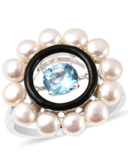 Swiss Blue Topaz and Freshwater Pearl Enameled Dancing Ring in Rhodium Over Sterling Silver 1.00 ctw