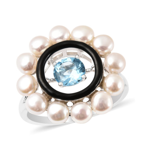 Swiss Blue Topaz and Freshwater Pearl Enameled Dancing Ring in Rhodium Over Sterling Silver 1.00 ctw