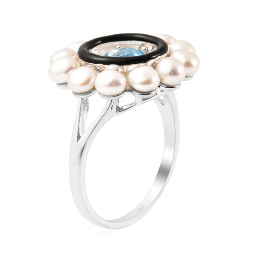 Swiss Blue Topaz and Freshwater Pearl Enameled Dancing Ring in Rhodium Over Sterling Silver 1.00 ctw - Image 4