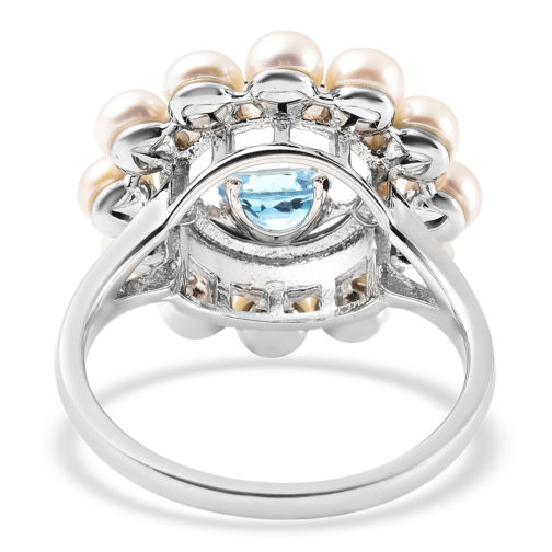 Swiss Blue Topaz and Freshwater Pearl Enameled Dancing Ring in Rhodium Over Sterling Silver 1.00 ctw - Image 5