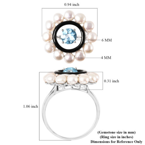 Swiss Blue Topaz and Freshwater Pearl Enameled Dancing Ring in Rhodium Over Sterling Silver 1.00 ctw - Image 6